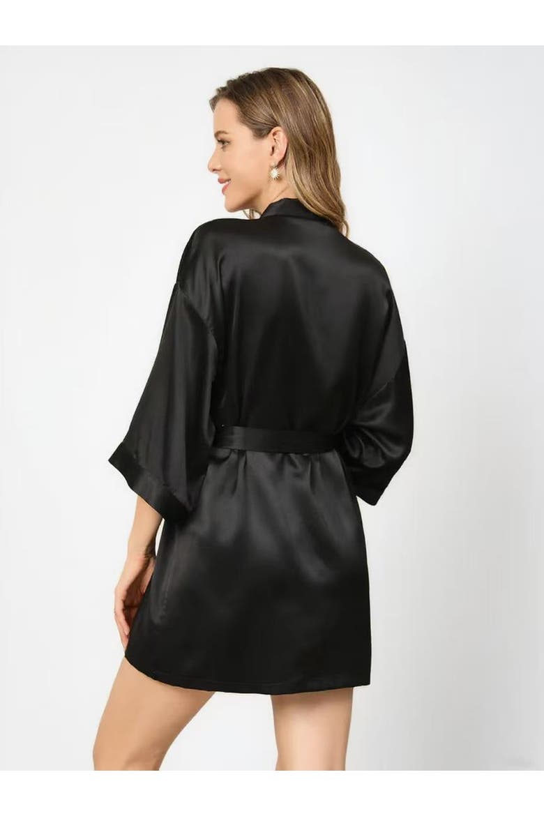 Glossy Pure Silk Short Robe, Alternate, color, Black