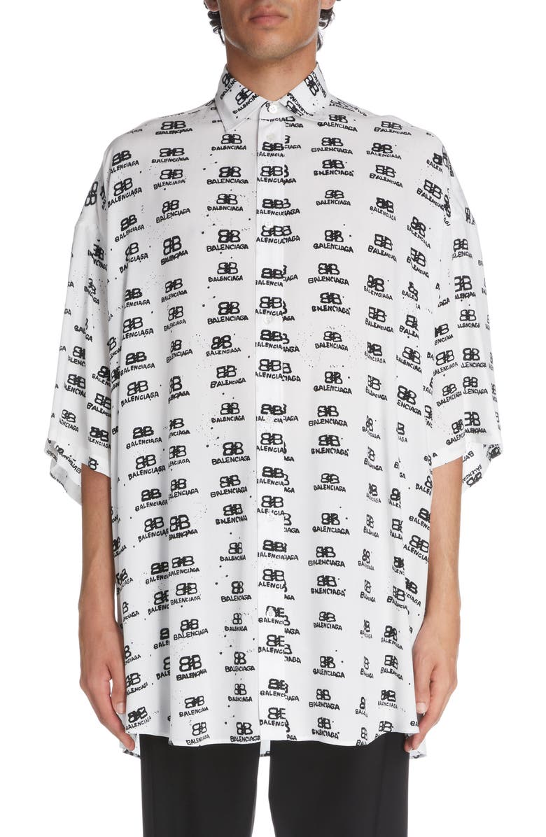 Balenciaga Oversize Hand Drawn BB Logo Button-Up Shirt, Main, color,