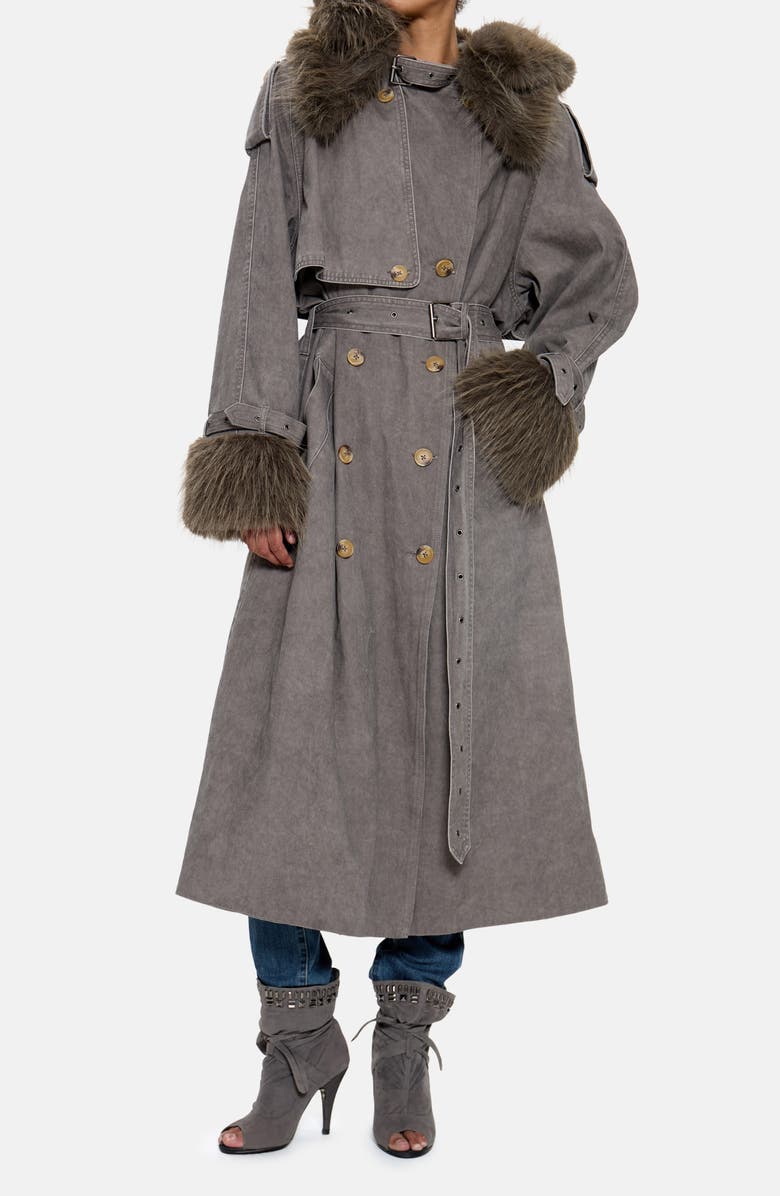 JADED LONDON Hooded Faux Fur Trim Trench Coat, Alternate, color, Grey