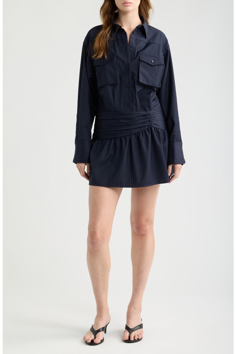 Pinstripe Long Sleeve Wool Blend Mini Shirtdress, Main, color, NAVY