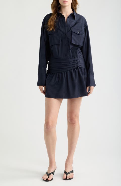 Pinstripe Long Sleeve Wool Blend Mini Shirtdress
