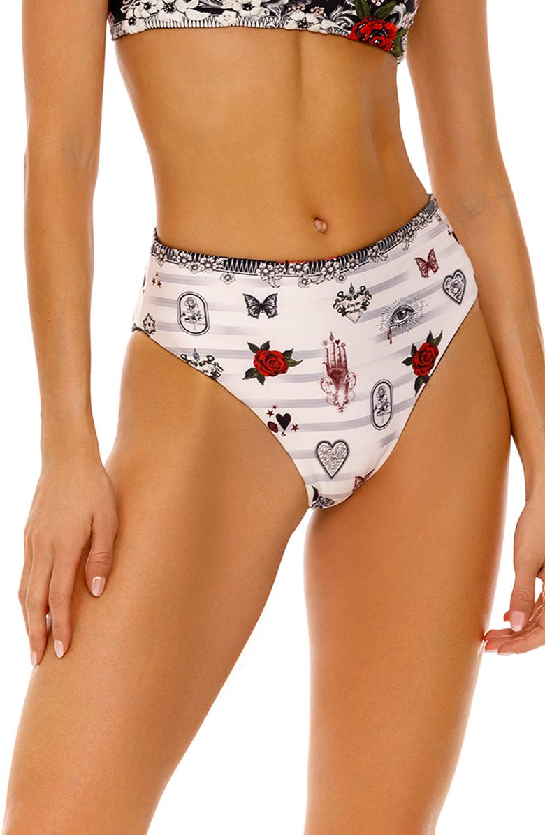 Agua Bendita Penelope Thorn Reversible High Waist Bikini Bottoms, Alternate, color, Black Multicolor