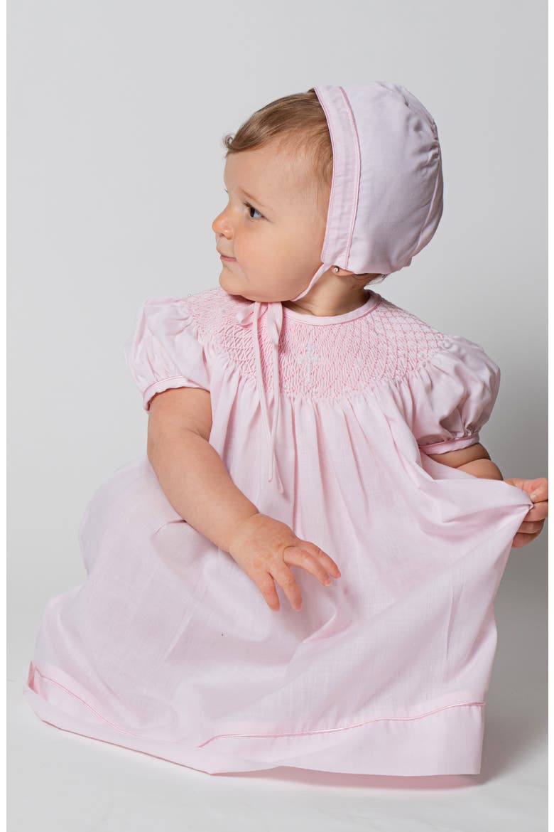 Imitation Pearl Cross Christening Gown & Bonnet Set, Alternate, color, PINK