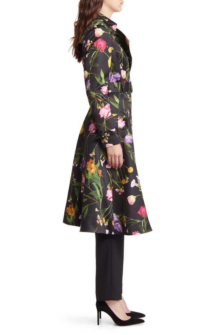 Moiraa Floral Double Breasted Trench Coat, Alternate, color, BLACK