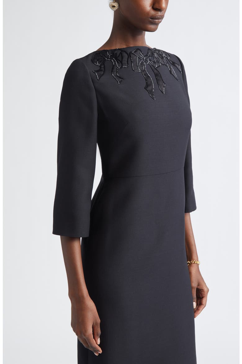 Beaded Bow Detail Crepe Couture Sheath Dress, Alternate, color, BLACK