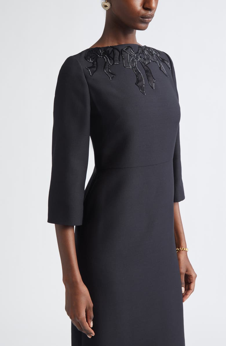 Valentino Beaded Bow Detail Crepe Couture Sheath Dress, Alternate, color, Black