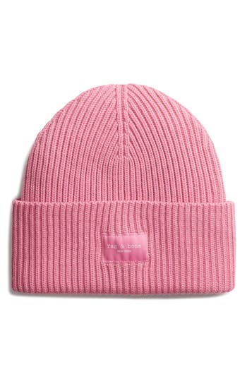 Rag & Bone Blake Logo Patch Wool Blend Rib Beanie In Pink