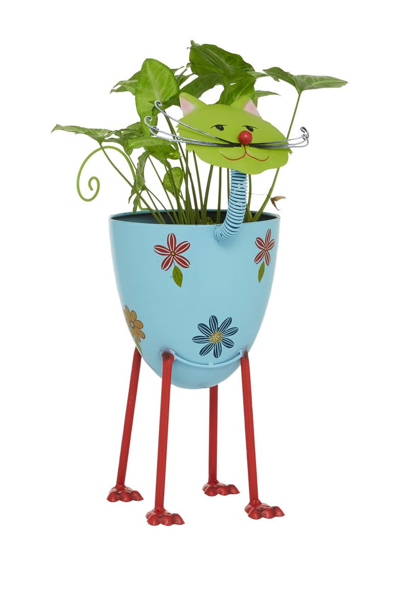 Blue Metal Indoor & Outdoor Cat Planter with Flower Pattern, Alternate, color, MULTI