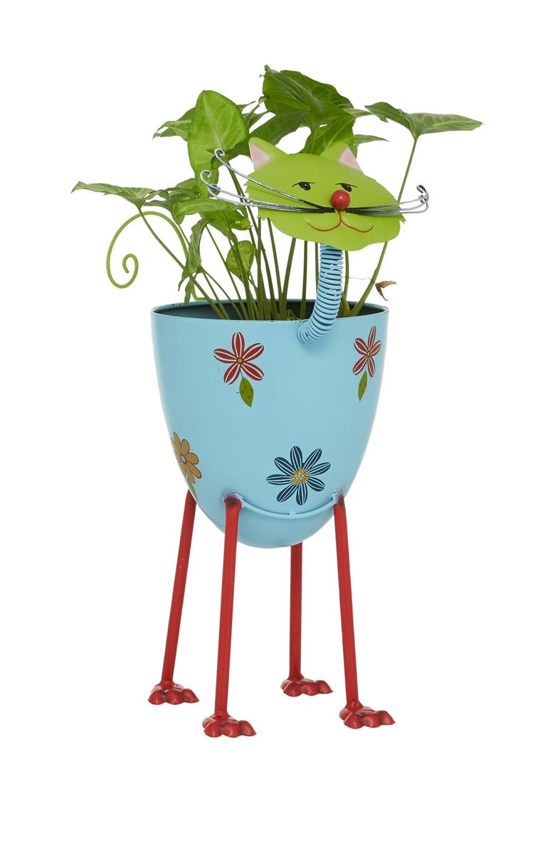 WILLOW ROW Blue Metal Indoor & Outdoor Cat Planter with Flower Pattern, Alternate, color, Multi