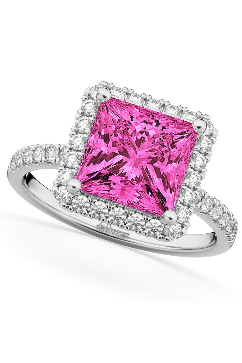 Princess Cut Halo Pink Tourmaline & Diamond Engagement Ring 14K, Main, color, 3.47ct/White Gold
