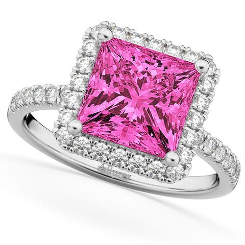 Princess Cut Halo Pink Tourmaline & Diamond Engagement Ring 14K