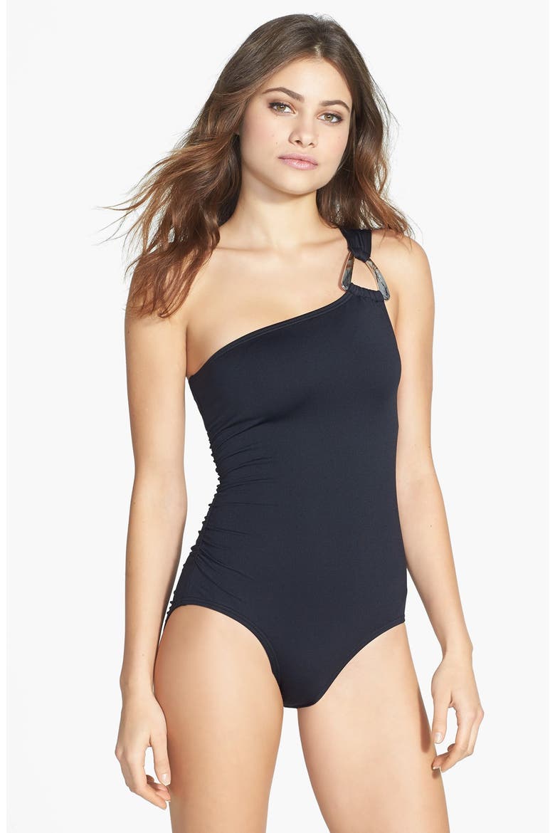 One-Shoulder Maillot, Main, color, BLACK
