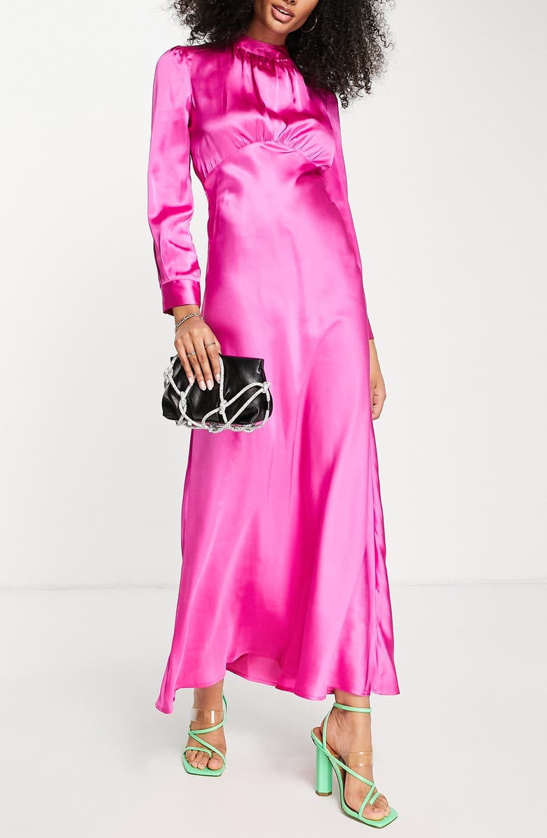 ASOS DESIGN Mock Neck Long Sleeve Satin Maxi Dress, Alternate, color, 