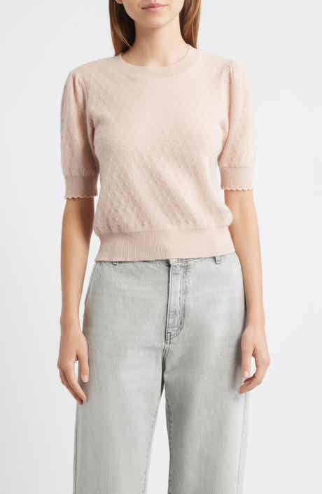 FRAME Puff Sleeve Pointelle Cashmere Sweater