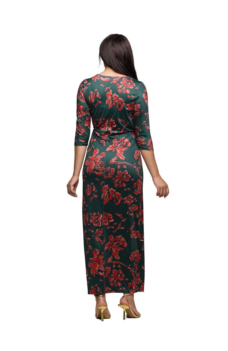 24seven Comfort Apparel Floral Print Three Quarter Sleeve Side Slit Maxi Dress, Alternate, color, Orange Multi