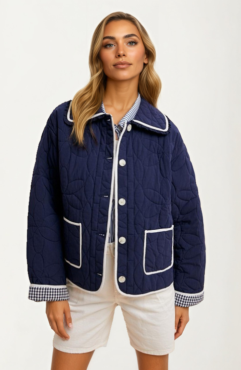 Quilted Button-Up Jacket with Contrast Trim and Pockets