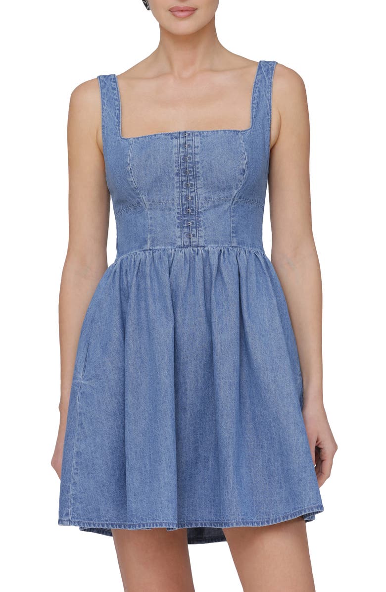 Avec Les Filles Bustier Cotton Denim Fit & Flare Minidress, Alternate, color, Light Wash
