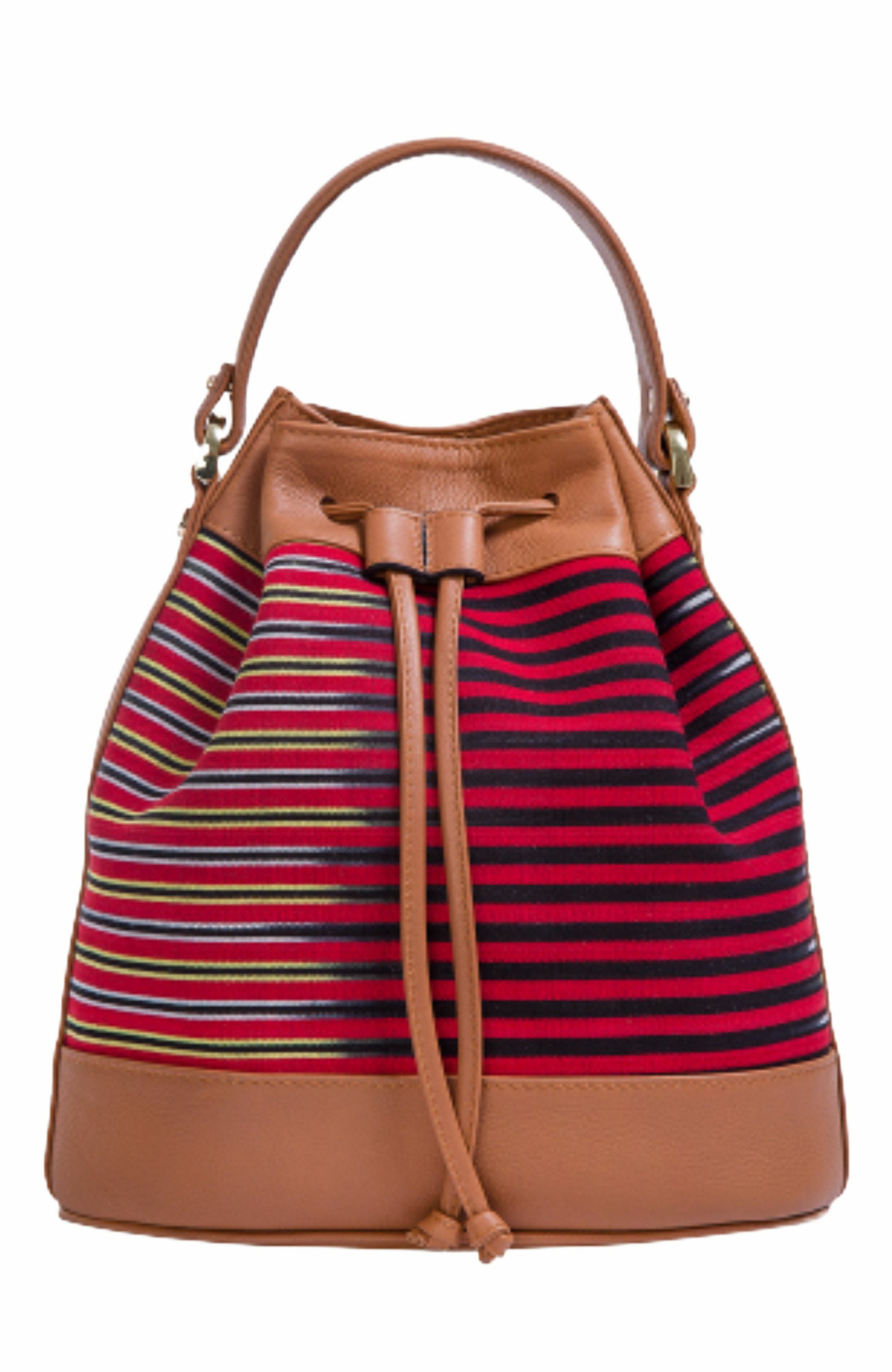 K'Ai & Vrosi Leather & Striped Fabric Pattern Convertible Bag in Brown 