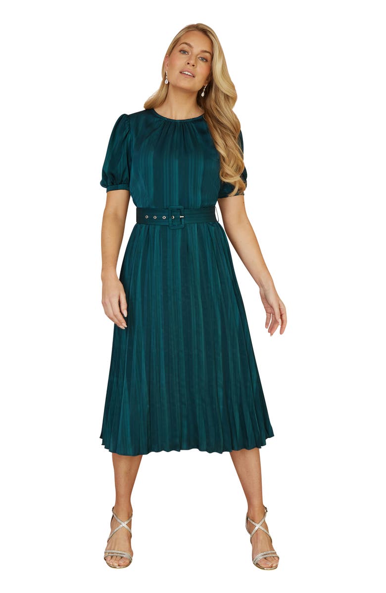Yumi Satin Pleated Stripe Midi Dress, Main, color, Green