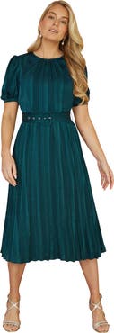 Yumi Satin Pleated Stripe Midi Dress