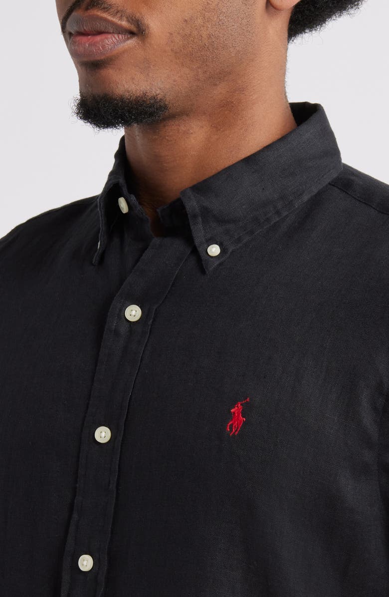 Polo Ralph Lauren Solid Black Short Sleeve Linen Button-Down Shirt, Alternate, color, 
