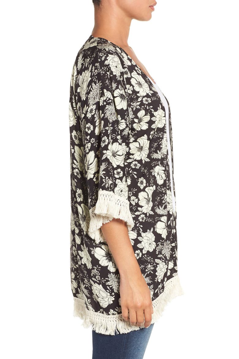 Floral Print Fringe Kimono, Alternate, color, BLACK