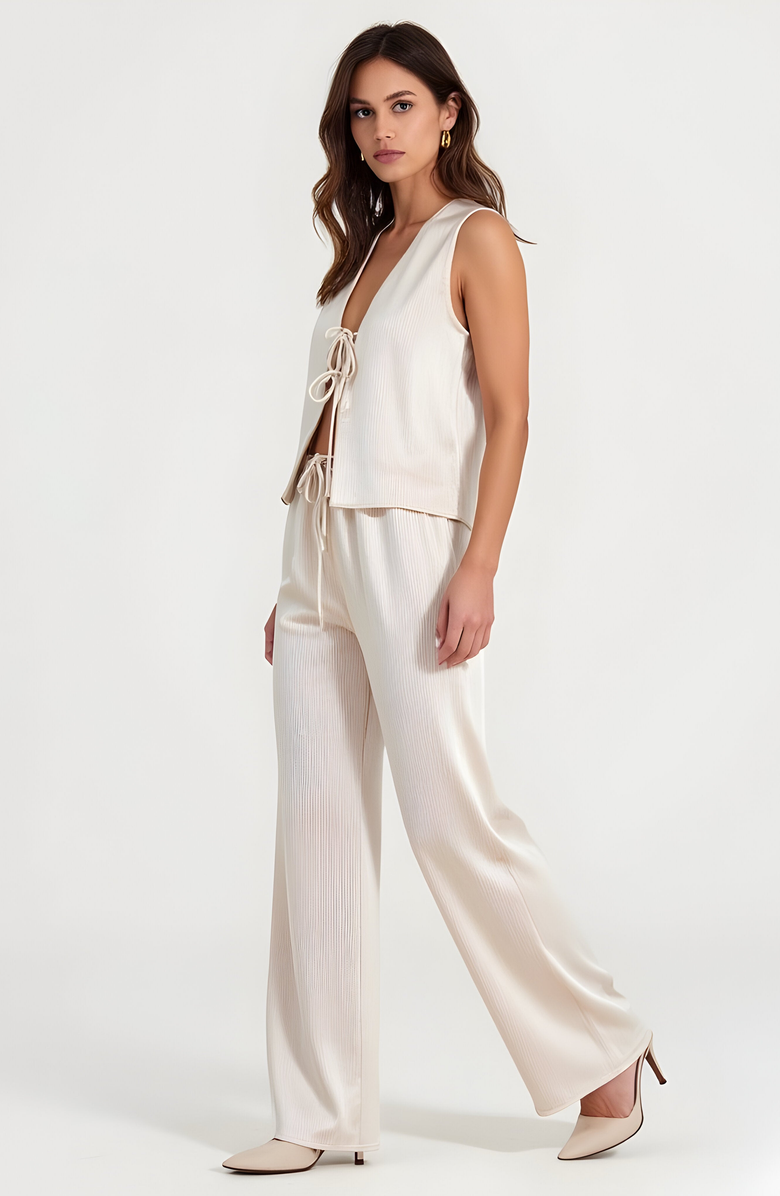 Modenaire Sleeveless Tie-Front Top and Wide-Leg Pant Set in Lustrous Finish, Alternate, color, 
