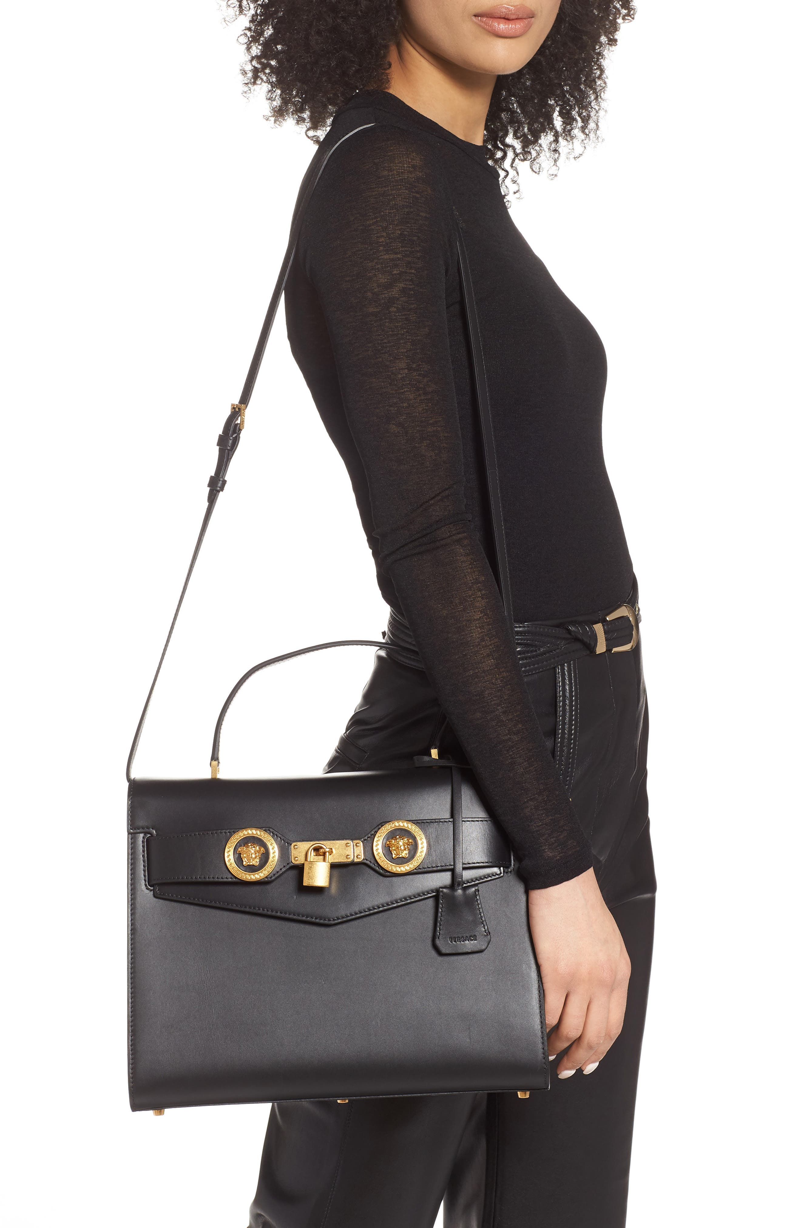 Versace Icon Leather Top Handle Shoulder Bag, Alternate, color, 