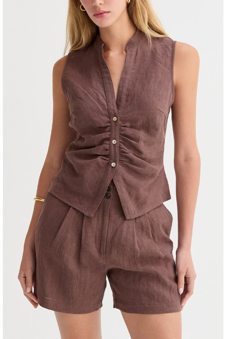 Pleated Linen Shorts, Alternate, color, Brown