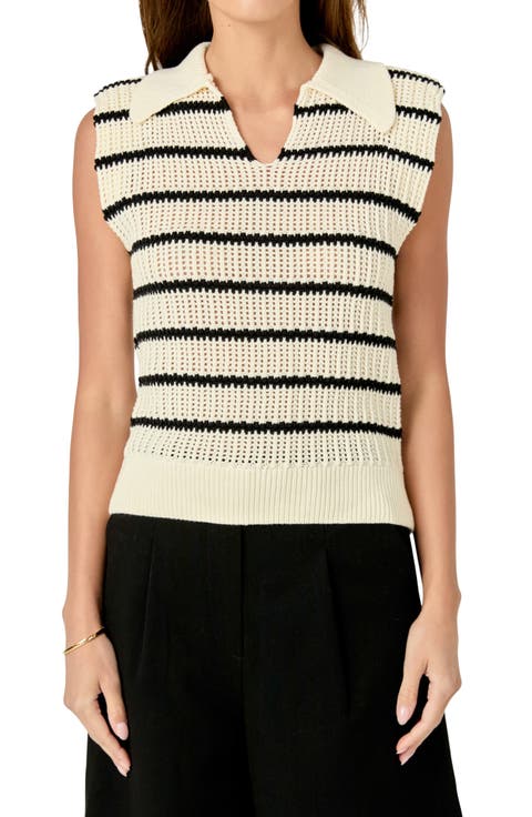 Stripe Open Stitch Collar Sweater Vest