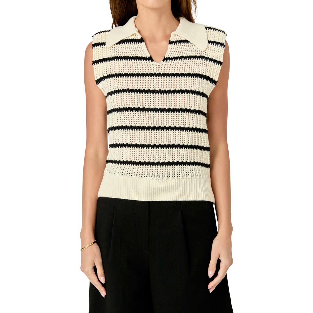 English Factory Stripe Open Stitch Collar Sweater Vest In Cream/black