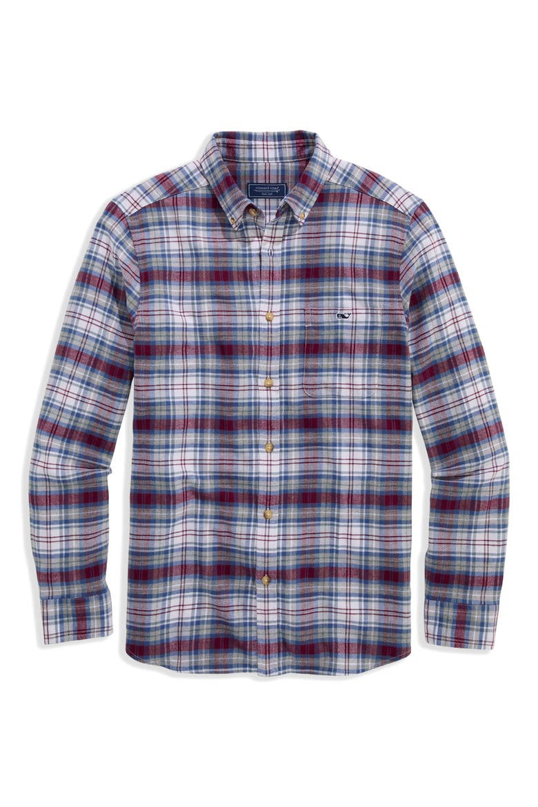 Great Point Plaid Stretch Flannel Button Down Shirt, Alternate, color, CRIMSON