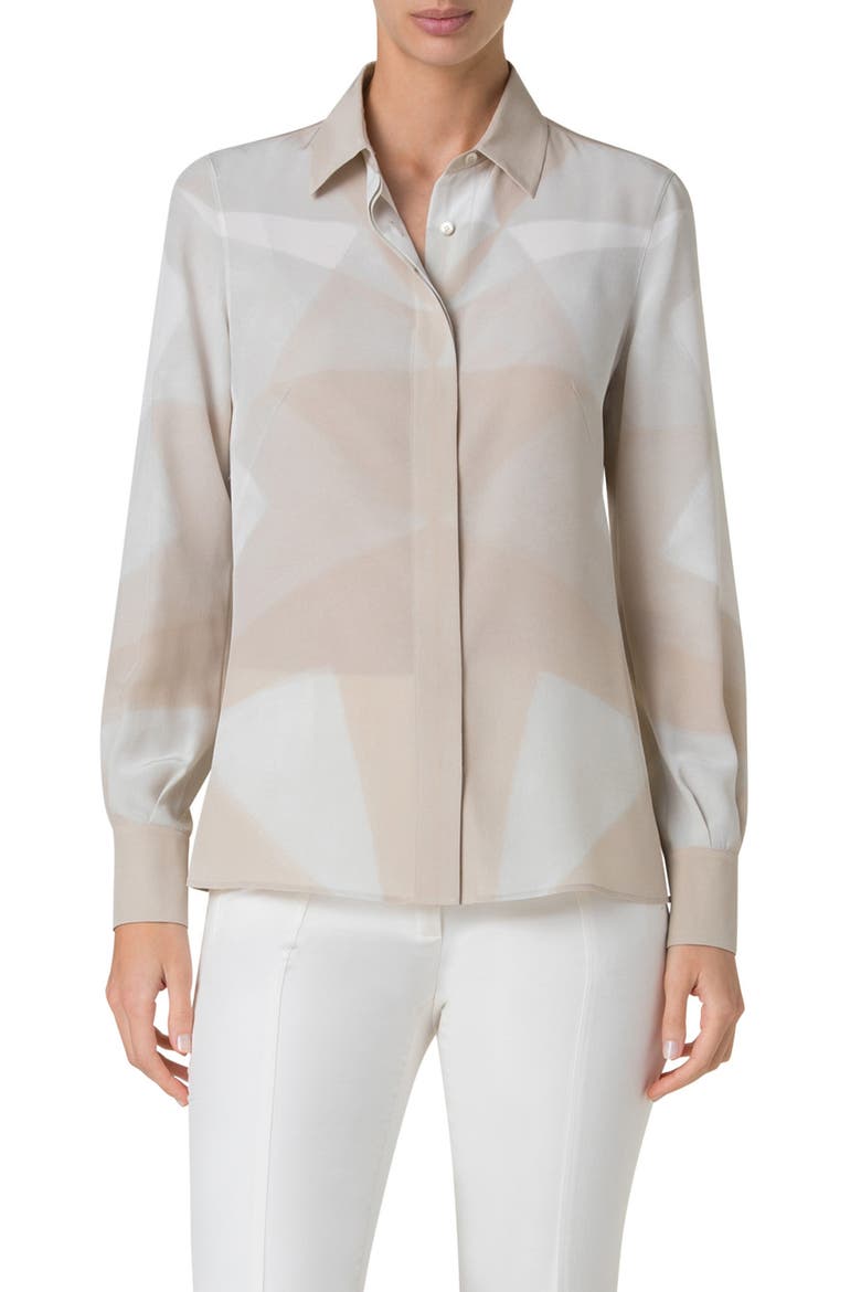 Chiaroscuro Print Silk Crepe Button-Up Shirt, Main, color, GREIGE