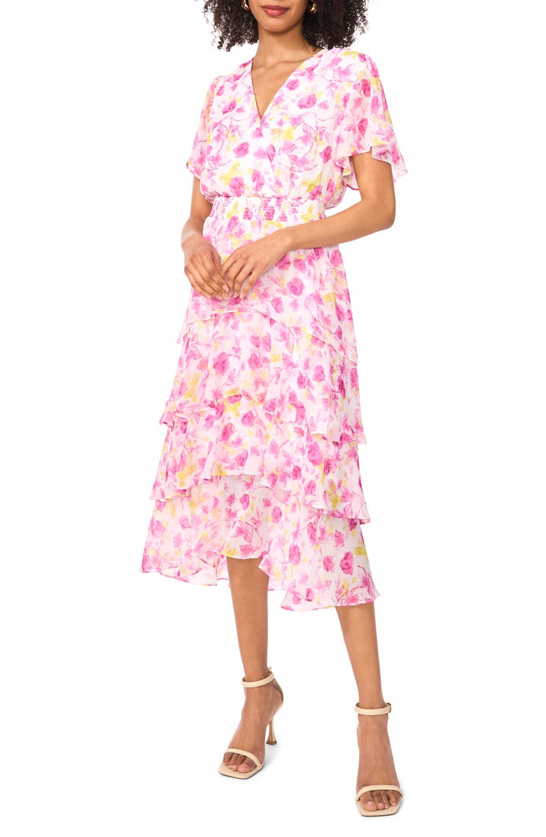 Vince Camuto Floral Tiered Midi Dress, Main, color, Violet Blush