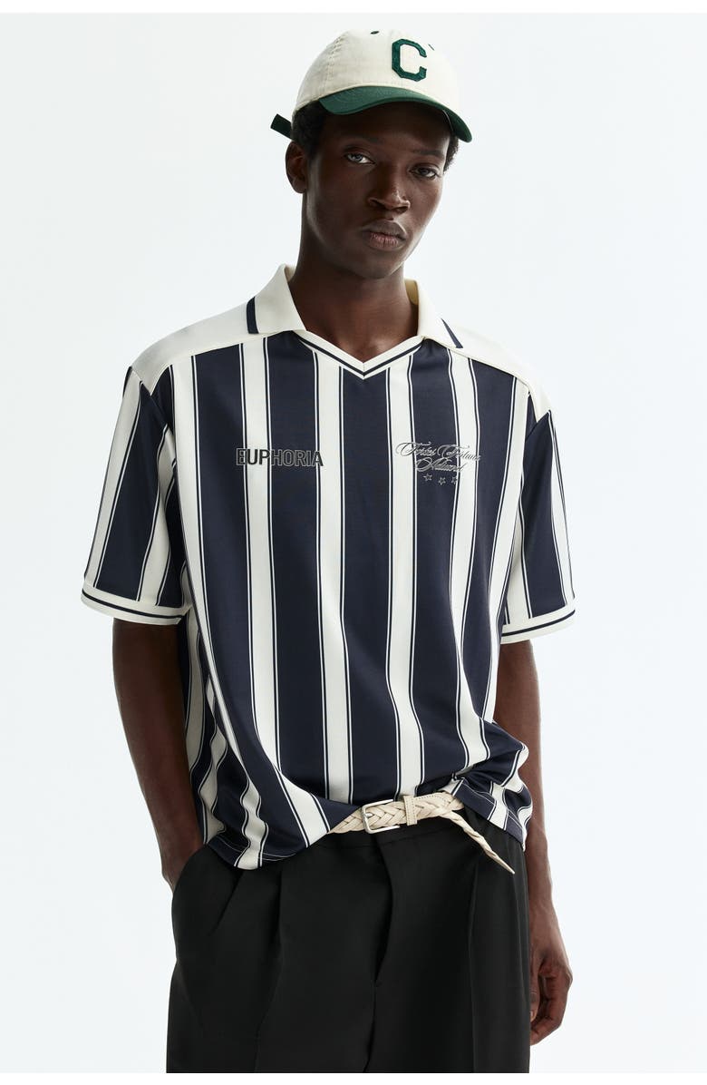 H&M Loose Fit Football Shirt, Alternate, color, Navy Blue/Striped