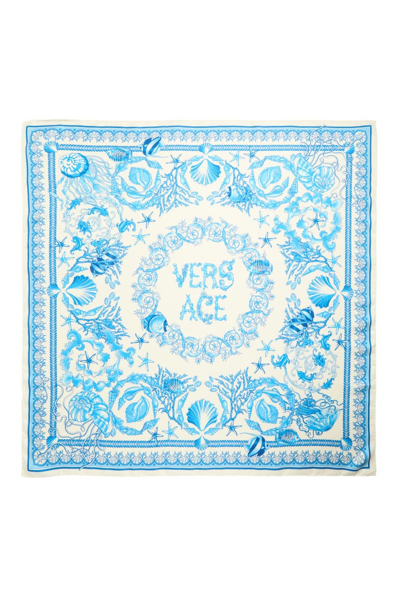 Underwater Barocco Silk Square Scarf, Main, color, EGGSHELL BRIGHT BLUE