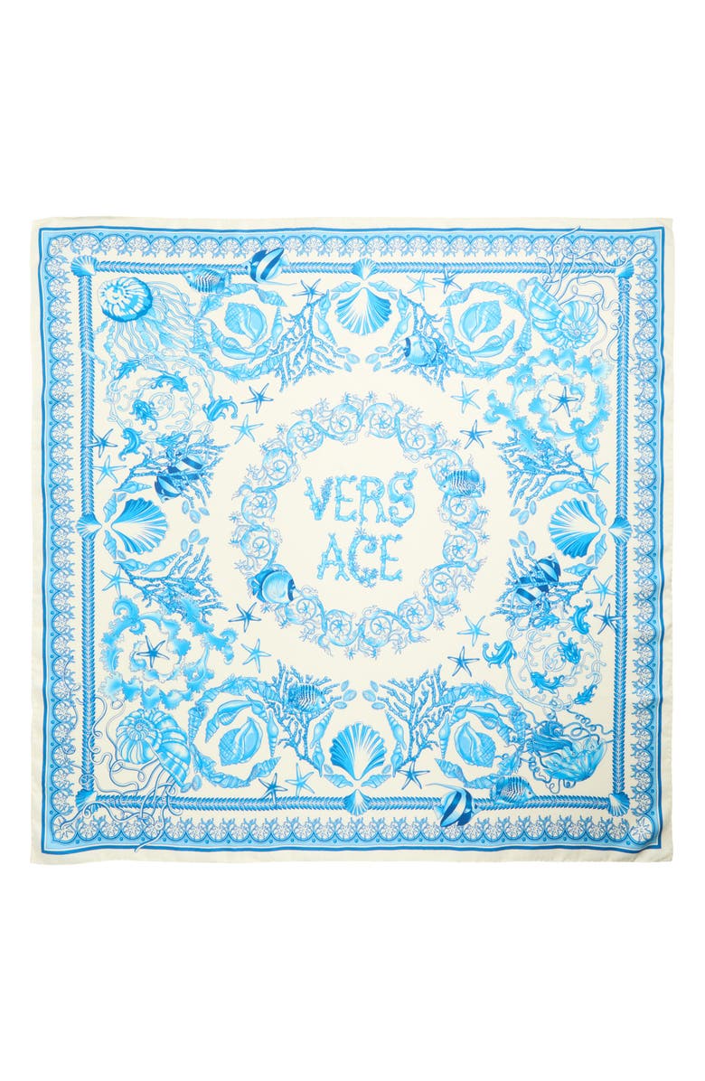 Versace Underwater Barocco Silk Square Scarf, Main, color, Eggshell Bright Blue