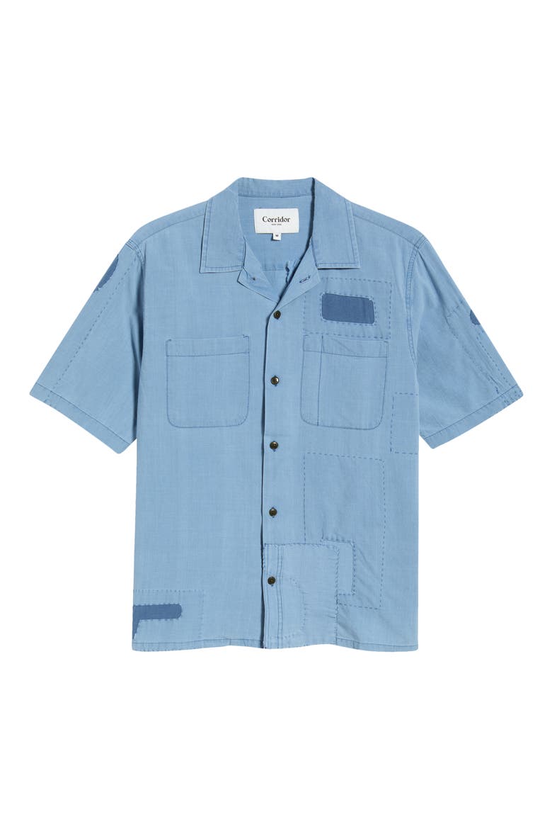 Patchwork Cotton Camp Shirt, Alternate, color, INDIGO
