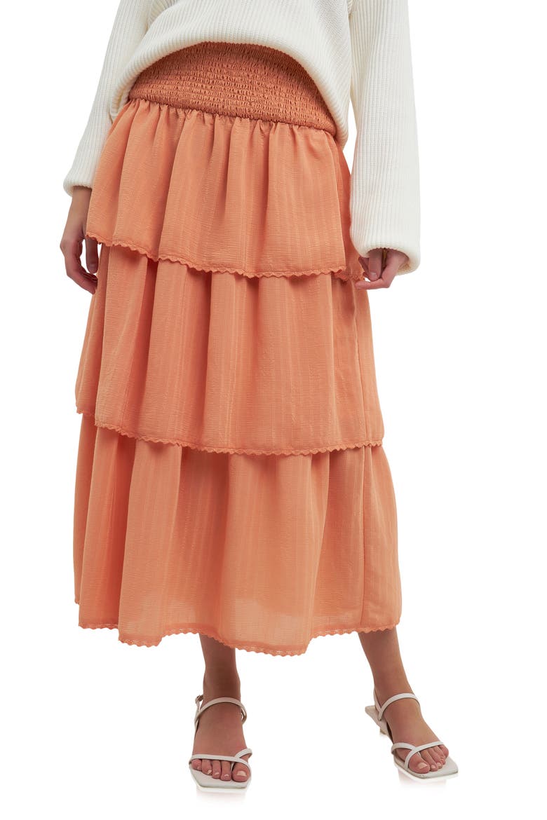 Smock Waist Tiered Ruffle Skirt, Main, color, TANGERINE