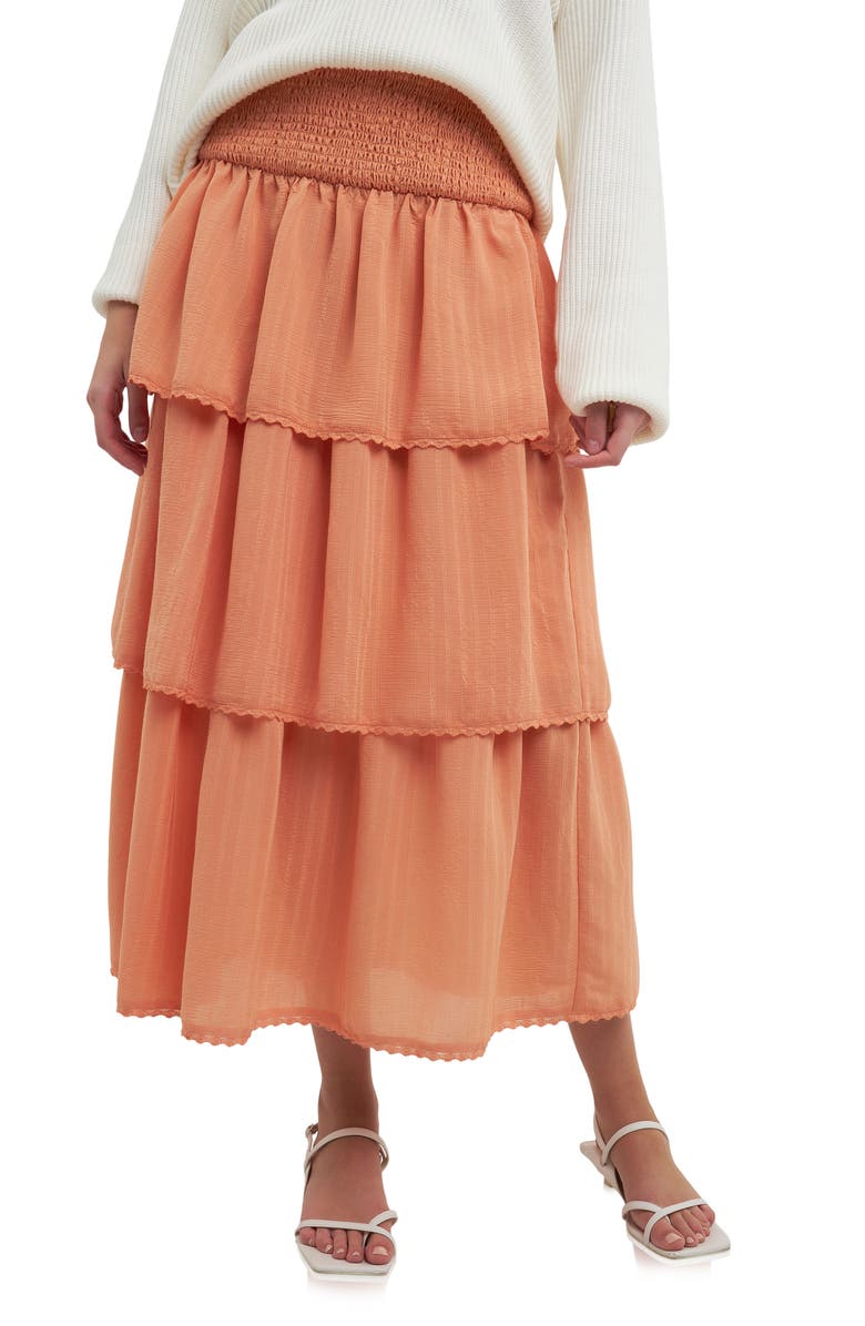 Free the Roses Smock Waist Tiered Ruffle Skirt, Main, color, Tangerine