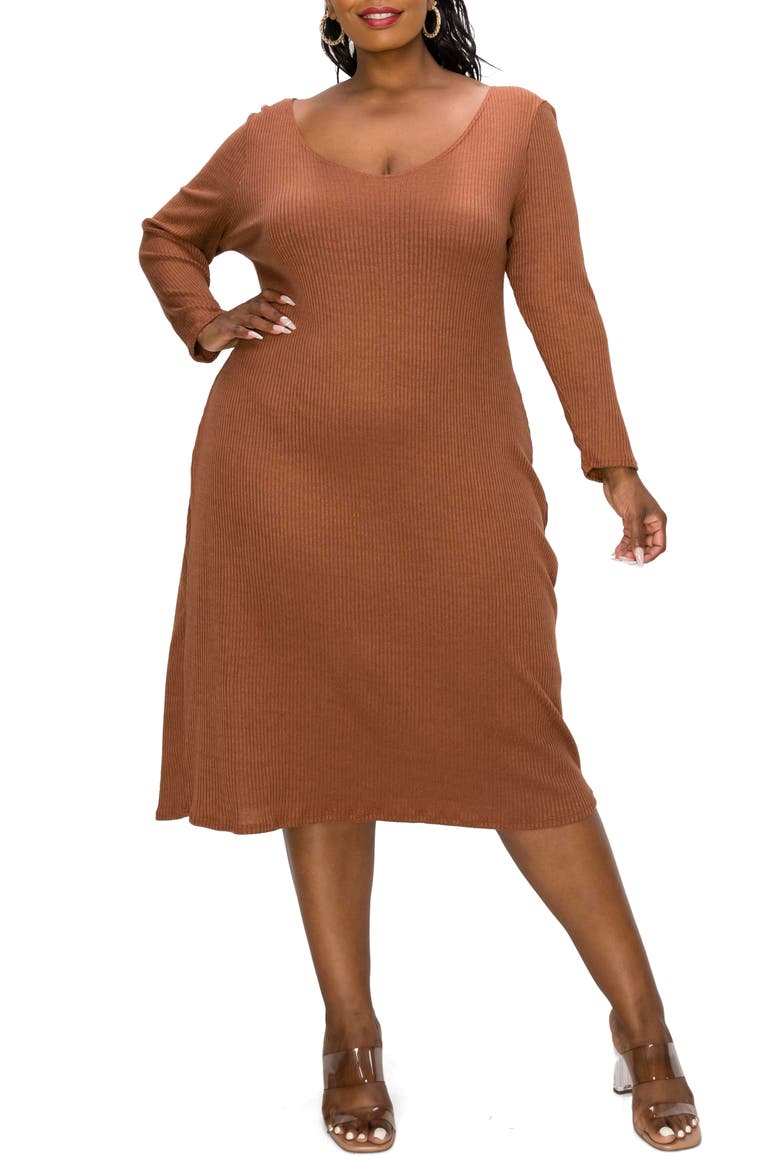 Scoop Neck Long Sleeves Rib Sweater Midi Dress, Main, color, CHESTNUT