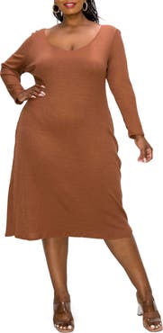 L I V D Scoop Neck Long Sleeves Rib Sweater Midi Dress