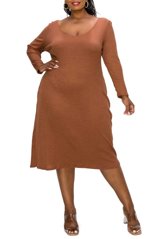 L I V D Scoop Neck Long Sleeves Rib Sweater Midi Dress In Chestnut