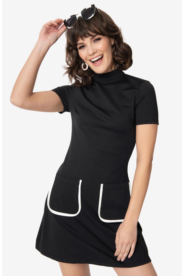 Mock Neck Short Sleeve Wave Maker Shift Dress, Main, color, Black