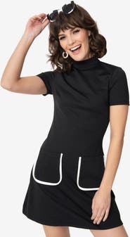Unique Vintage Mock Neck Short Sleeve Wave Maker Shift Dress