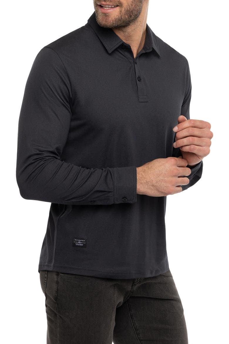 State Room Textured Long Sleeve Polo, Alternate, color, BLACK