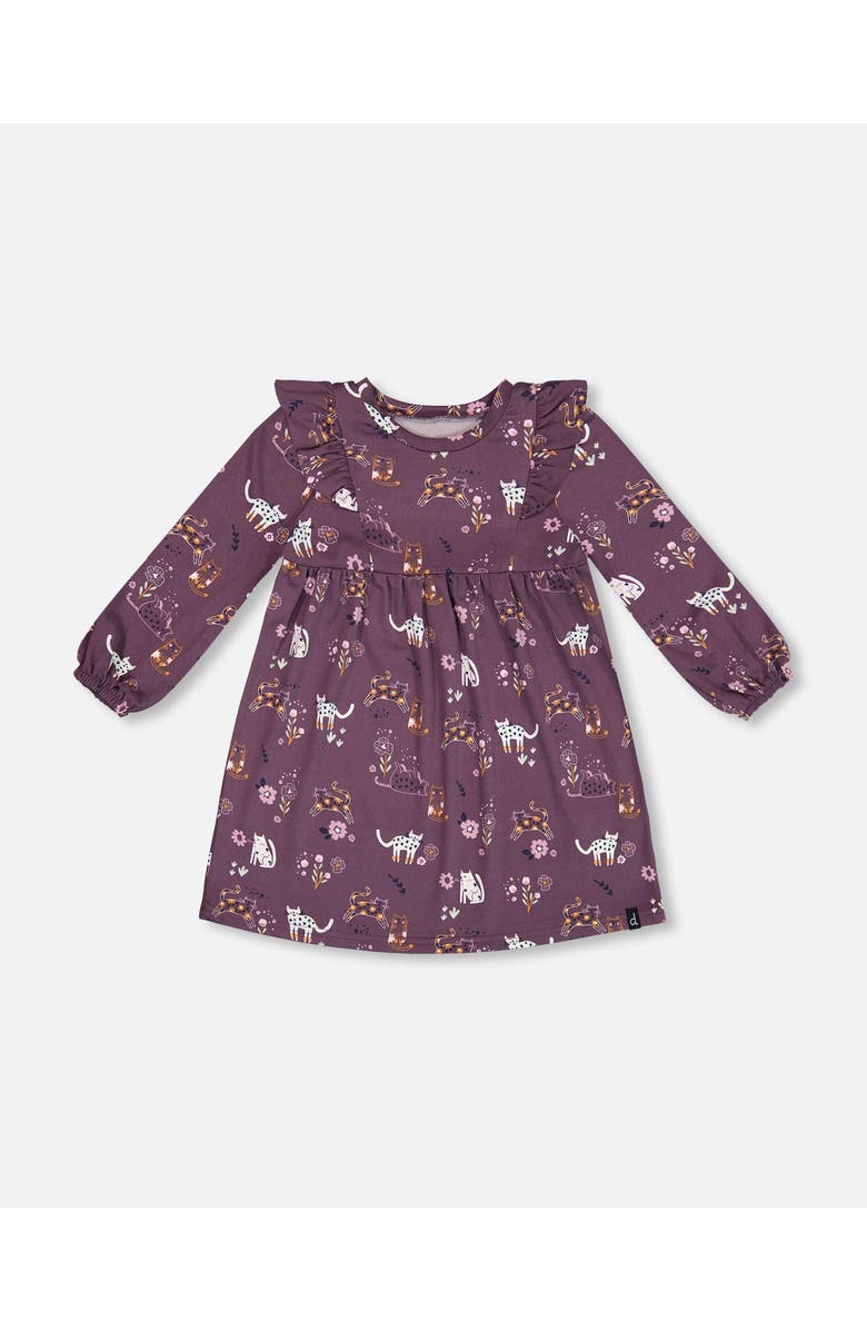 Deux par Deux Girl's Dress With Frills Mauve Printed Cats, Main, color,