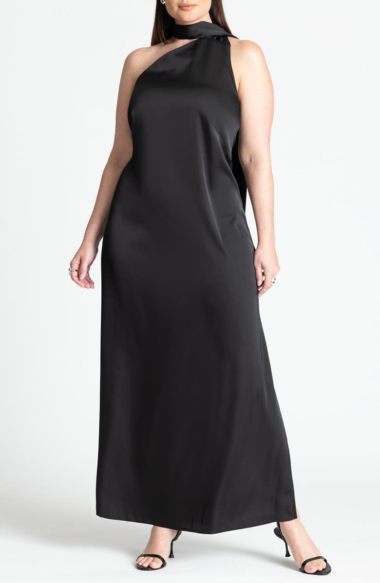 ELOQUII Scarf Neck One-Shoulder Satin Maxi Dress, Main, color,