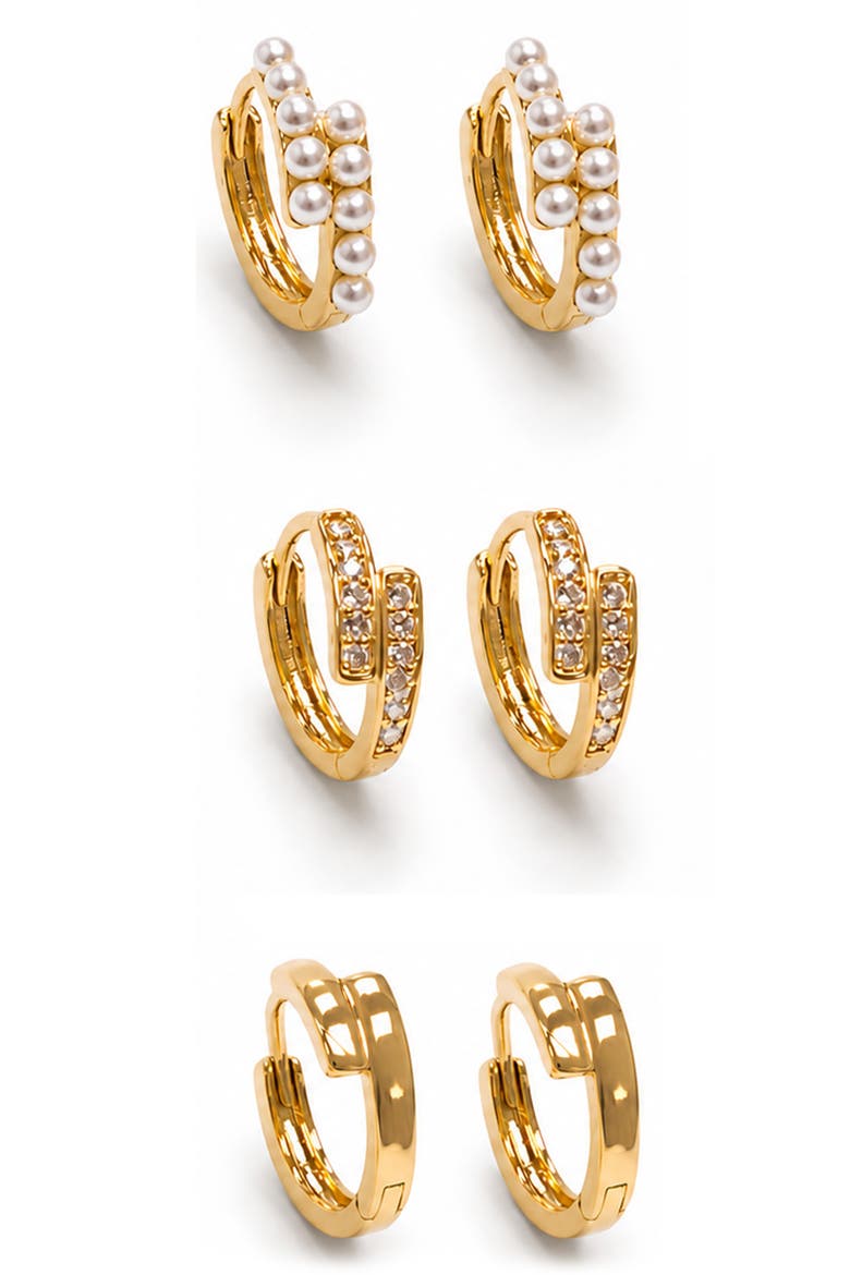 Set of 3 18k Gold Plated Huggie Hoop Earrings, Main, color, GOLD