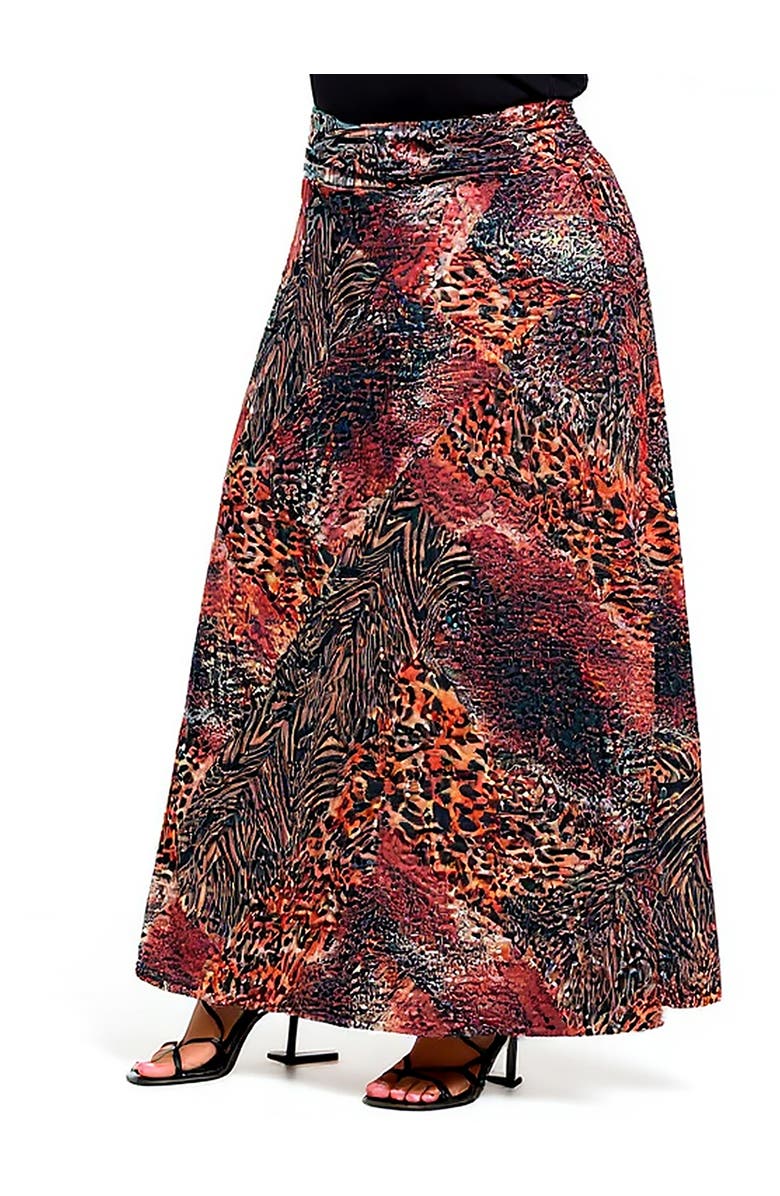 24seven Comfort Apparel Animal Patchwork Print Maxi Skirt, Alternate, color, Brown Multi